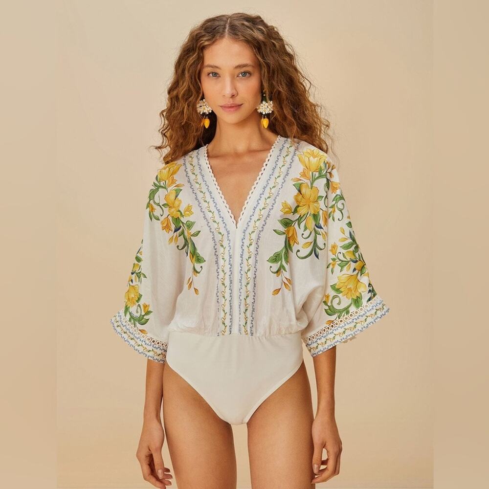 FARM Rio Cream Bodysuit with Yellow Floral Embroidery